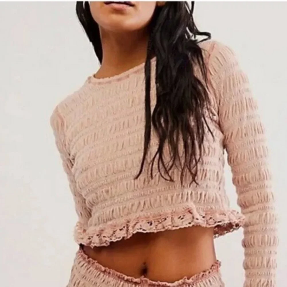 Free People Fp One Meriel Smocked Top Ruched Lace Fitted Sleeve Taupe S